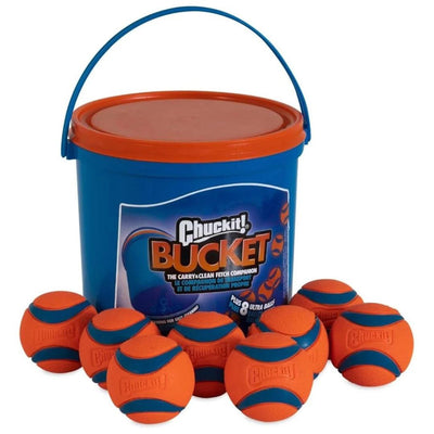 Blue bucket with orange lid surrounded by eight orange and blue Ultra balls