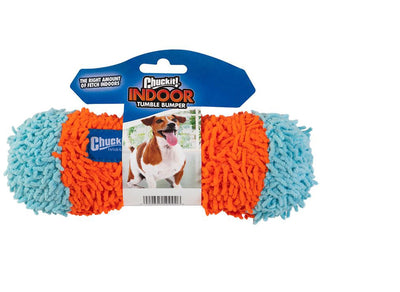 Orange and teal microfiber tumble bumper toy, plush knotted texture, packaged
