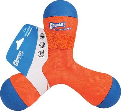 Orange and blue three-pronged Tri-Bumper toy on Large hang-tag