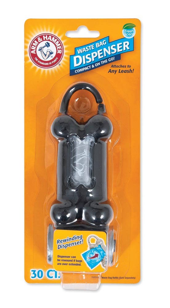 Bone-shaped waste bag dispenser with clip, packaged in an orange blister pack