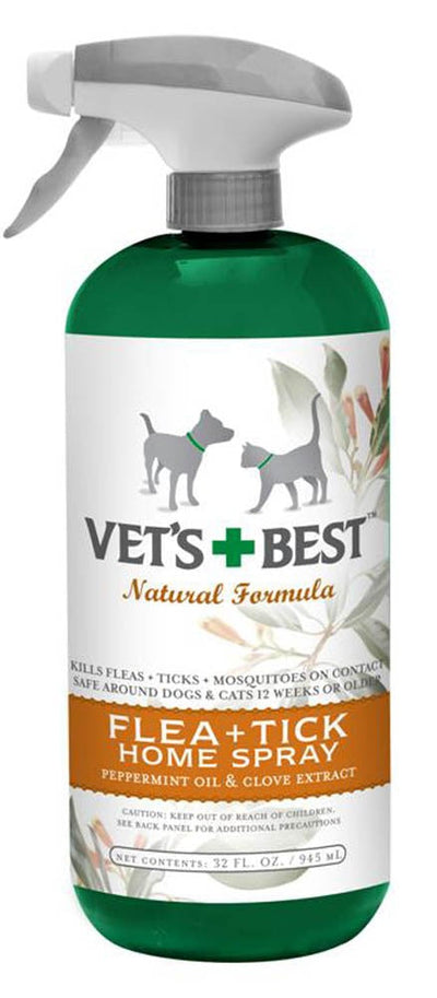 Full-front view of a green spray bottle of Vet's Best Flea + Tick Home Spray with a white label featuring a dog and cat.