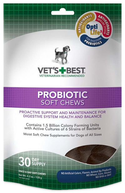 Vet's Best Probiotic Soft Dog Chews in a white and green pouch with a purple banner, showing a small dog graphic.