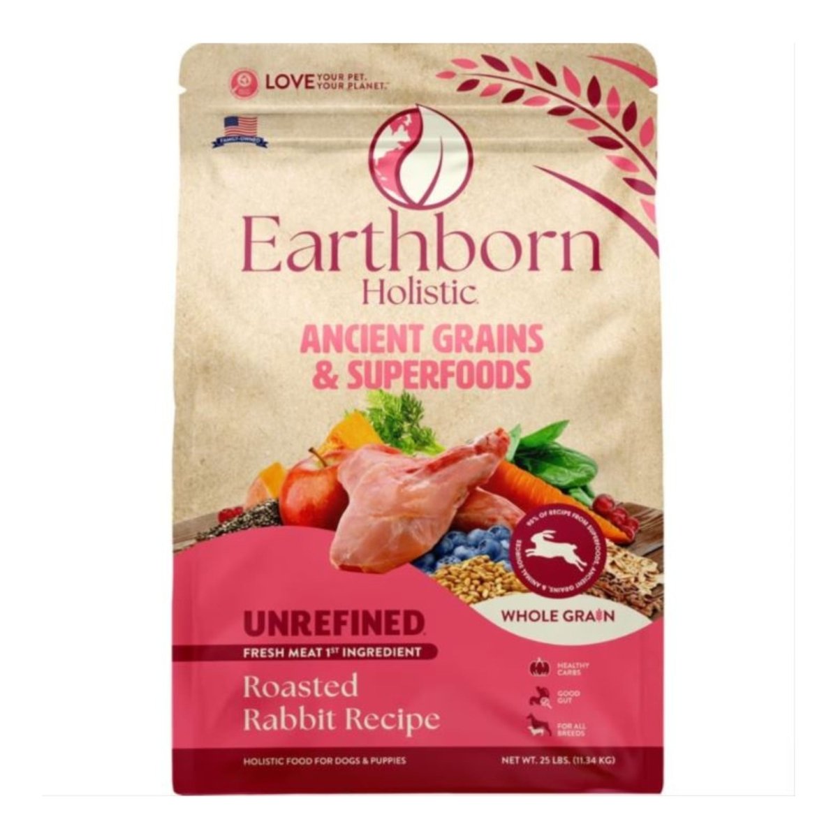 Earthborn Holistic Unrefined Ancient Grains & Superfoods Dry Dog Food Roasted Rabbit 25lb - Pets Perfect