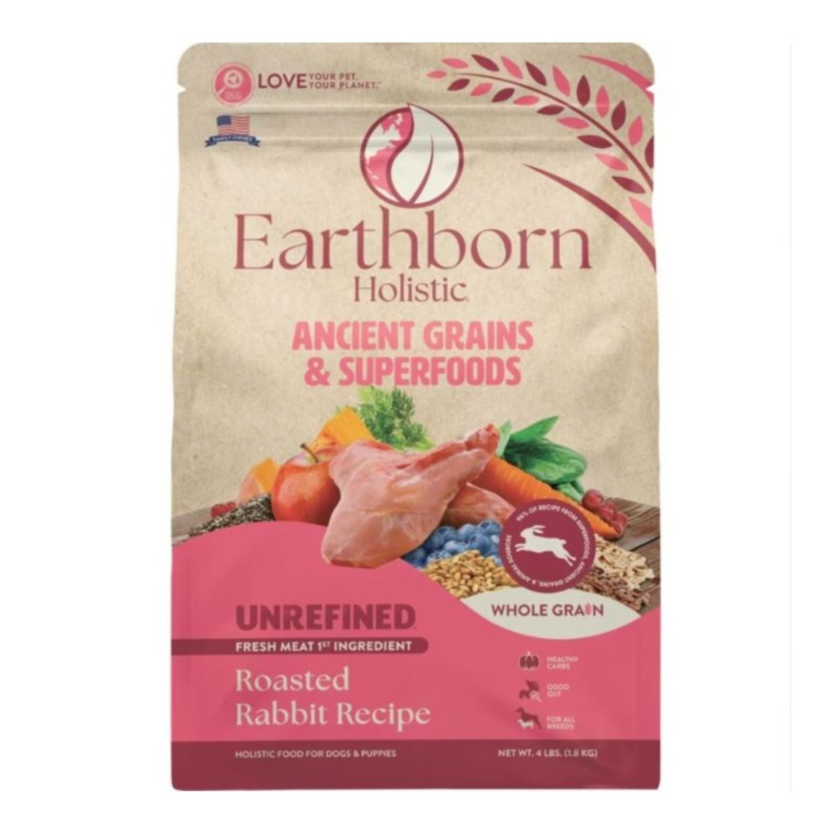 Earthborn Holistic Unrefined Ancient Grains & Superfoods Dry Dog Food Roasted Rabbit 4lb - Pets Perfect