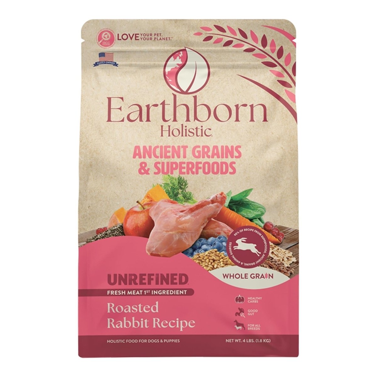 Earthborn Holistic Unrefined Roasted Rabbit Ancient Grains Dog Food 4 Lb - Pets Perfect