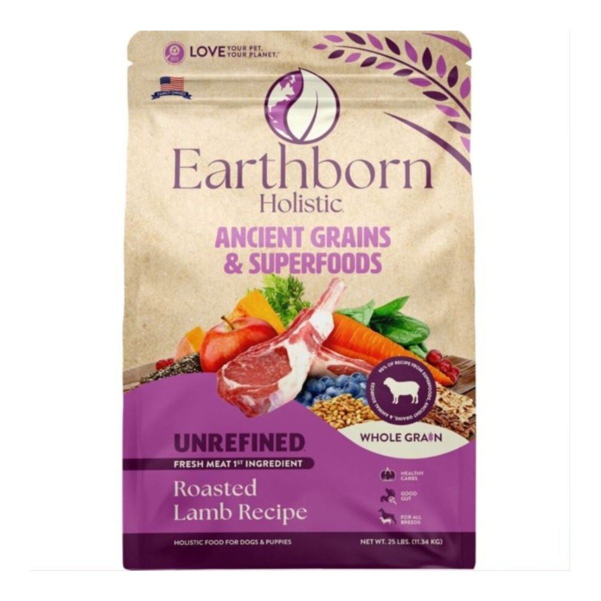Earthborn Holistic Unrefined Ancient Grains & Superfoods Dry Dog Food Roasted Lamb 25lb - Pets Perfect