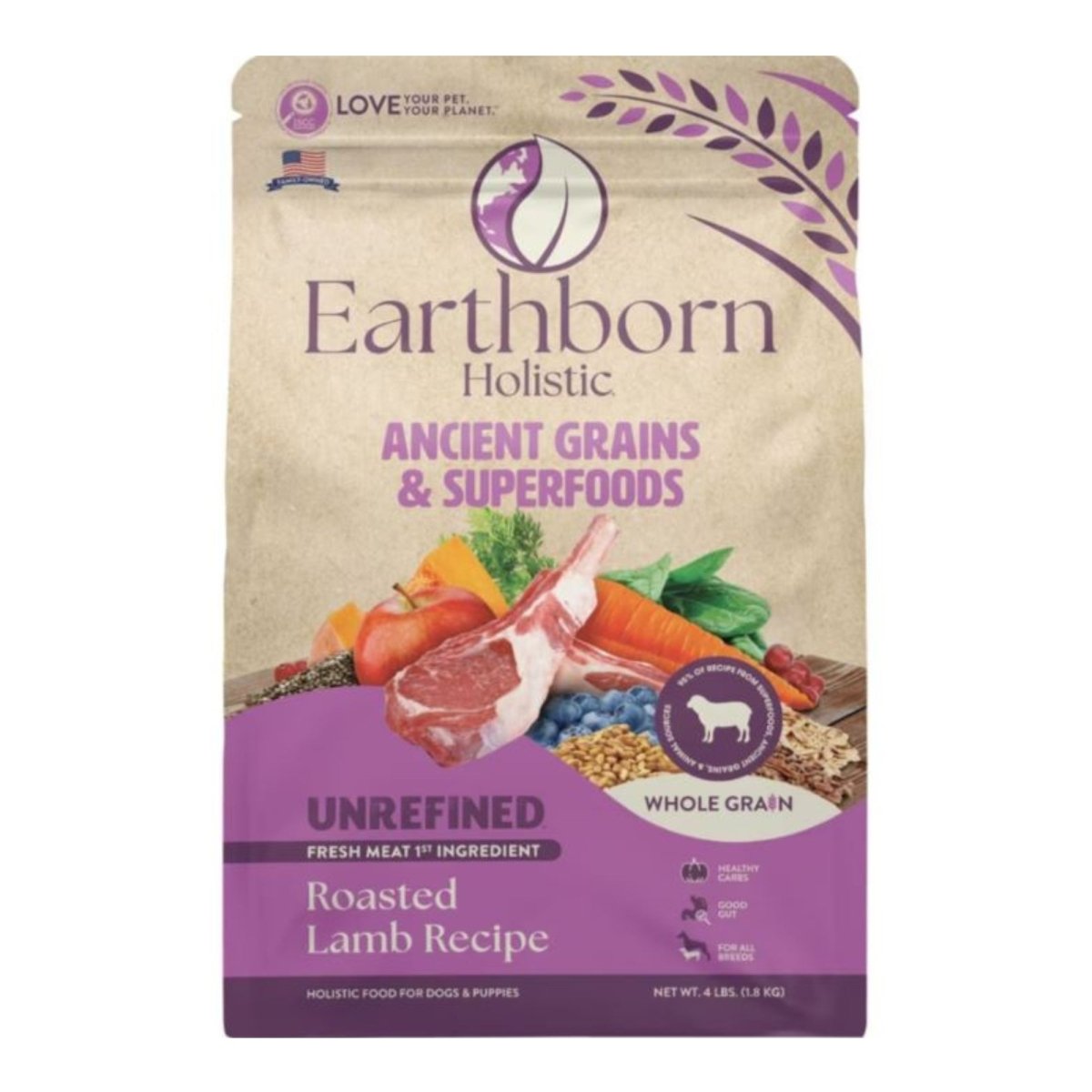 Earthborn Holistic Unrefined Ancient Grains & Superfoods Dry Dog Food Roasted Lamb 4lb - Pets Perfect