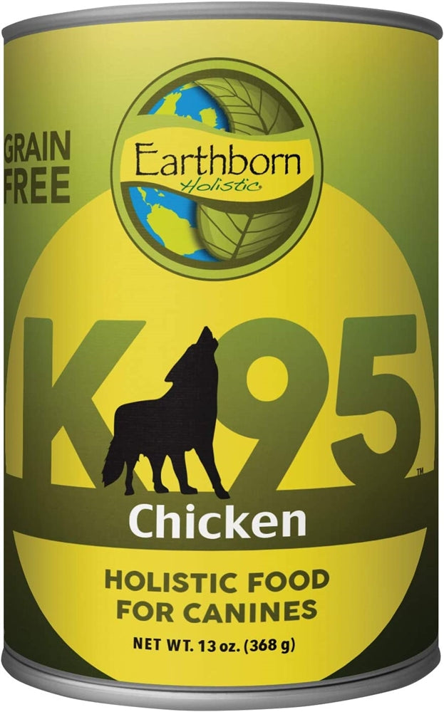 Earthborn K95 canned dog food with green label and howling wolf