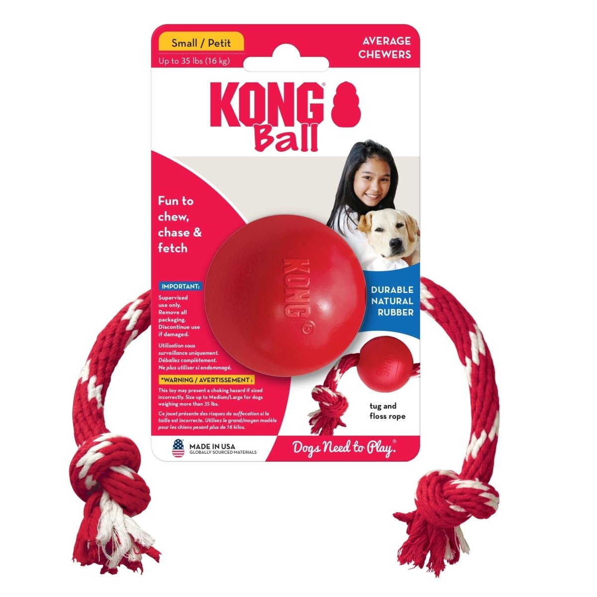 KONG Ball with Rope Dog Toy Red 1ea/SM - Pets Perfect