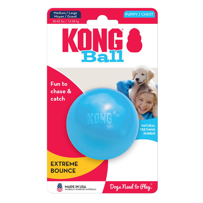Puppy Ball toy in blue shown on medium/large retail package