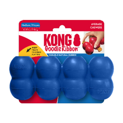 Blue Kong Goodie Ribbon dog toy in packaging, with a hand inserting treats into a red toy.