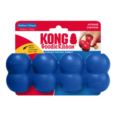 Blue KONG Goodie Ribbon dog toy in packaging, with a hand inserting treats into a red version of the toy.