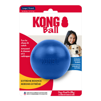 KONG Ball packaging shows a blue ball, a girl, and a dog, with product details.