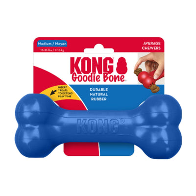 Blue KONG Goodie Bone dog toy in packaging, showing a hand inserting treats into a red KONG toy.