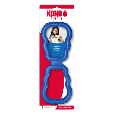 Blue KONG Old Glory Tug Dog Toy in packaging, featuring a girl and a golden retriever puppy, with Durable Natural Rubber te.