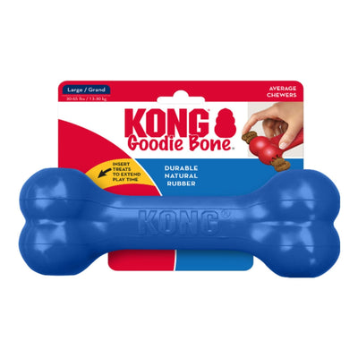 Blue KONG Goodie Bone dog toy in packaging, with a hand inserting treats into a red KONG toy.