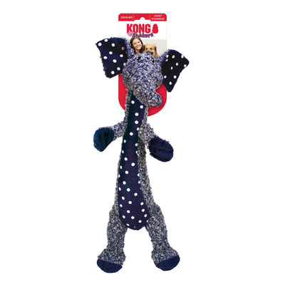 Navy polka-dot plush elephant toy with big ears on packaging