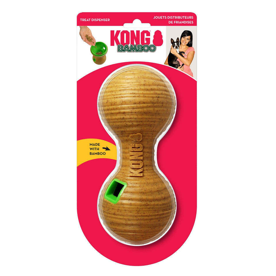 KONG Bamboo Treat Dispenser Dumbbell Dog Toy, Tan Medium, 3.25 in