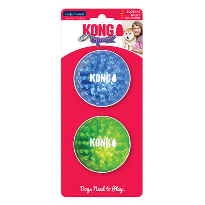 Blue and green textured Geodz squeaker balls, two pack on card
