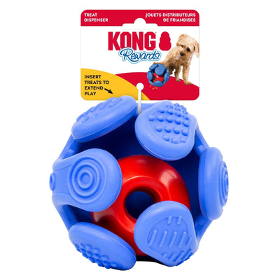 KONG Rewards Wrapz treat dispenser in blue and red, shown in packaging with a small dog playing with a similar toy.