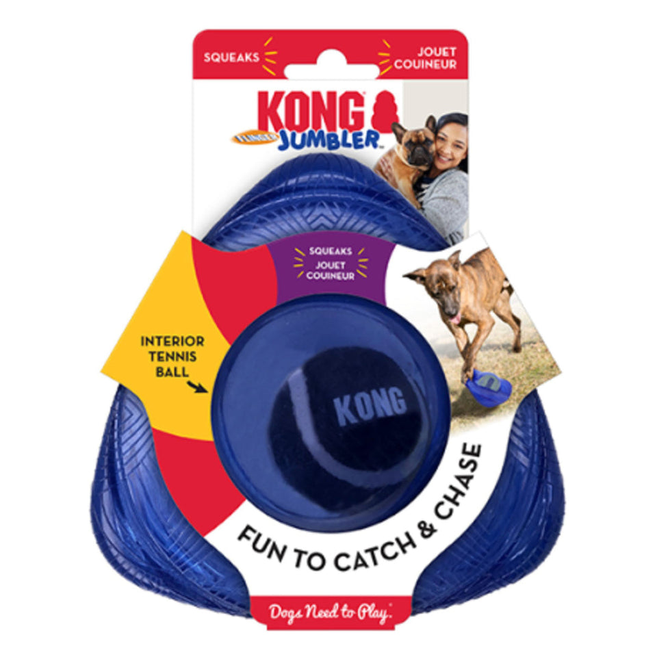 Jumbler Flinger toy package showing dark tennis ball with Kong logo