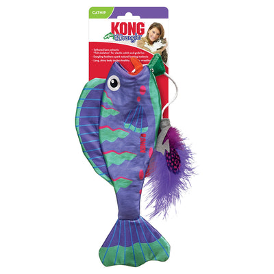 Purple and green fish-shaped cat toy with dangling feather lure on card