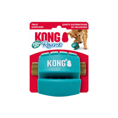 KONG Rewards Roll Upz Ball Treat Dispenser in teal, with a treat, on red packaging with a dog in the corner.