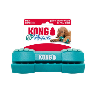 Teal KONG Rewards Roll Upz Stick treat dispenser in packaging, with a golden retriever puppy holding the product.