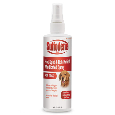 White bottle of Sulfodene Hot Spot & Itch Relief Medicated Spray for Dogs with a red label and a golden retriever.