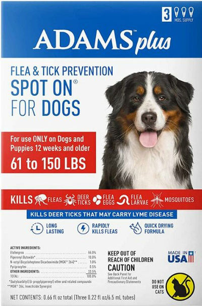 Adams Plus Flea Tick Prevention Spot On for Dogs 3 Month Supply, Clear, X-Large Dogs 61 To, 150 lb