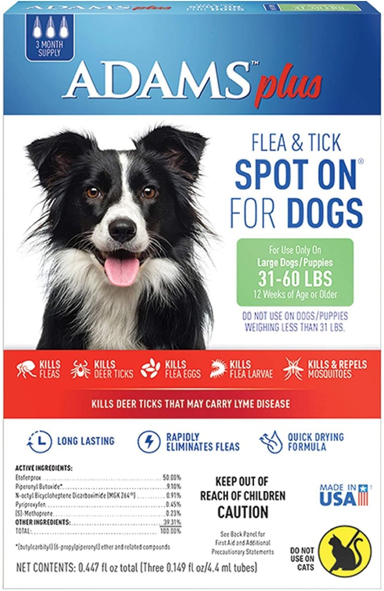 Adams Plus Flea Tick Prevention Spot On for Dogs 3 Month Supply, Clear, 1ea/Large Dogs 31 To 60 lb - Pets Perfect