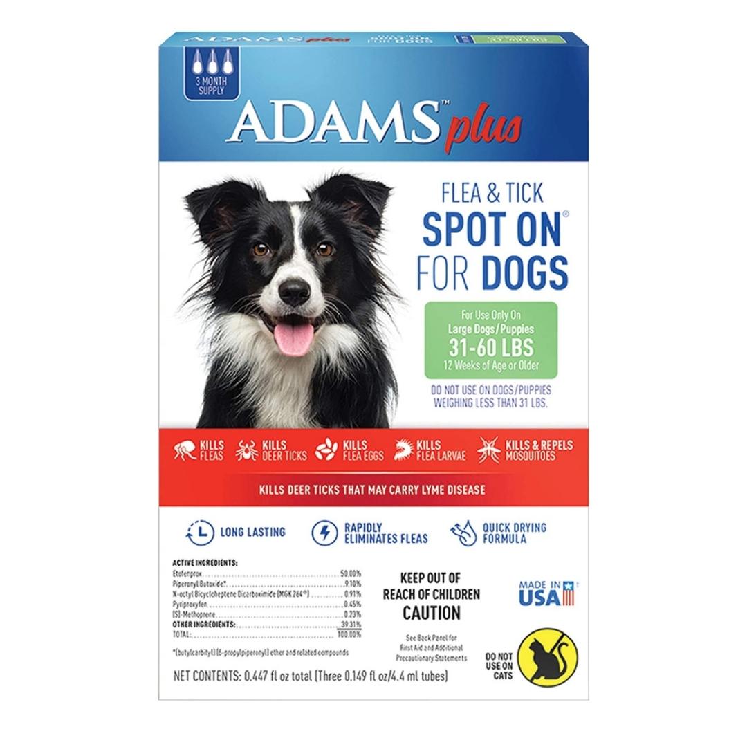 Adams Plus Flea Tick Prevention Spot On for Dogs 3 Month Supply, Clear, 1ea/Large Dogs 31 To 60 lb - Pets Perfect
