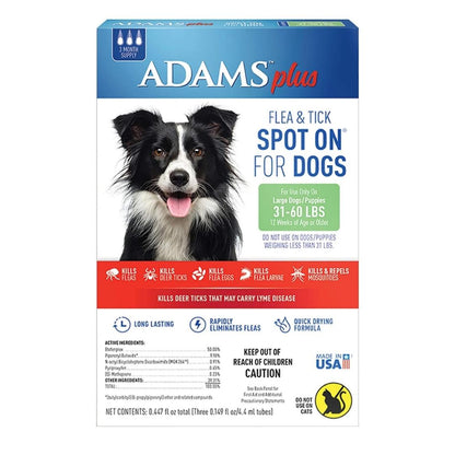 Adams Plus Flea Tick Prevention Spot On for Dogs 3 Month Supply, Clear, 1ea/Large Dogs 31 To 60 lb - Pets Perfect