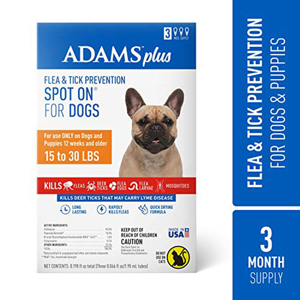 Adams Plus Flea Tick Prevention Spot On for Dogs 3 Month Supply, Clear, Medium Dogs 15 To, 30 lb