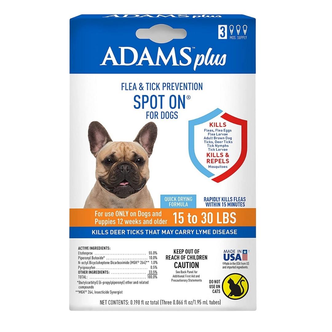 Adams Plus Flea Tick Prevention Spot On for Dogs 3 Month Supply, Clear, 1ea/Medium Dogs 15 To 30 lb - Pets Perfect