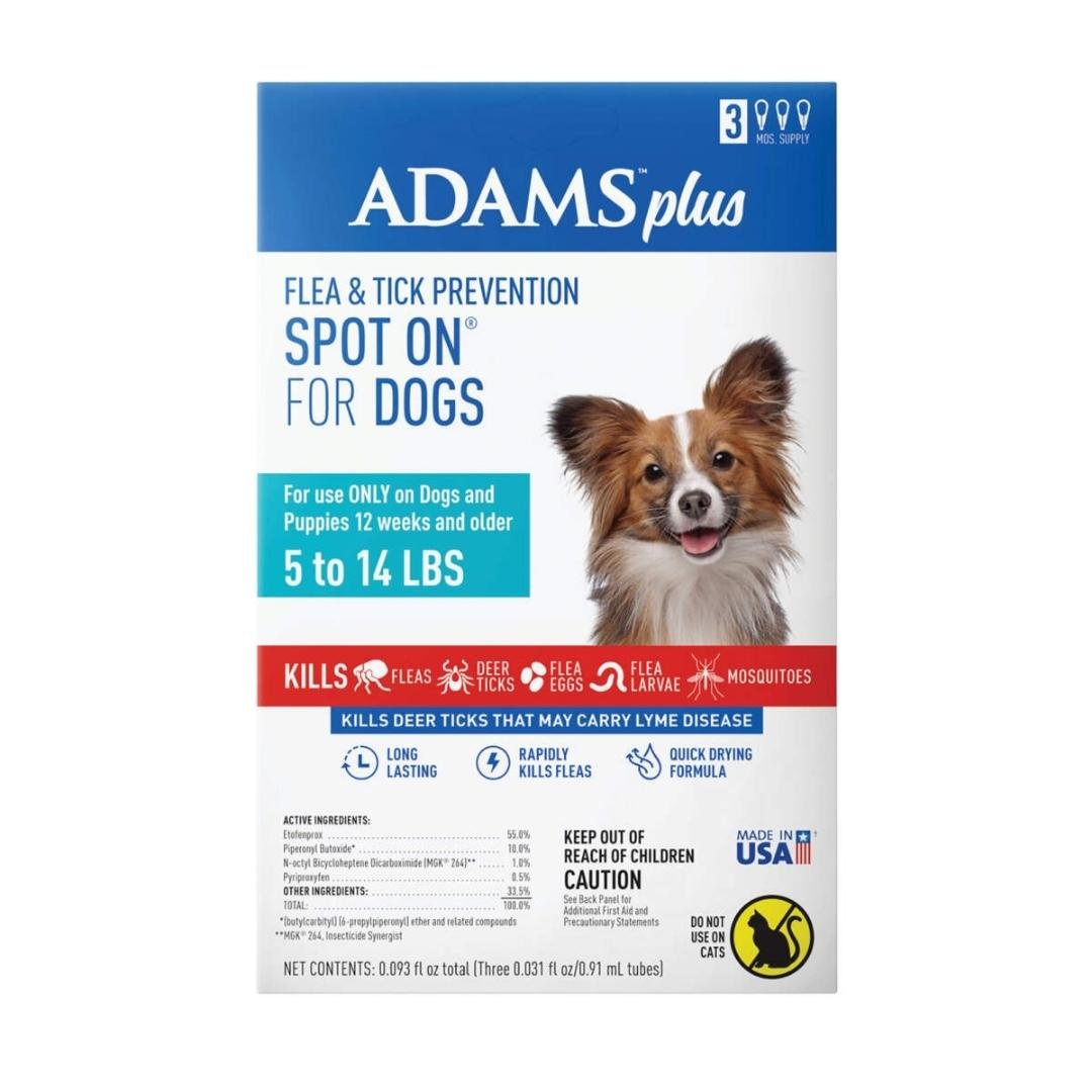 Adams Plus Flea Tick Prevention Spot On for Dogs 3 month supply, Clear, 1ea/SMall Dog 5 To 14 lb - Pets Perfect