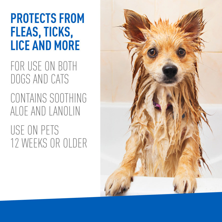 Wet scruffy terrier standing in a bathtub beside product benefit bullet points