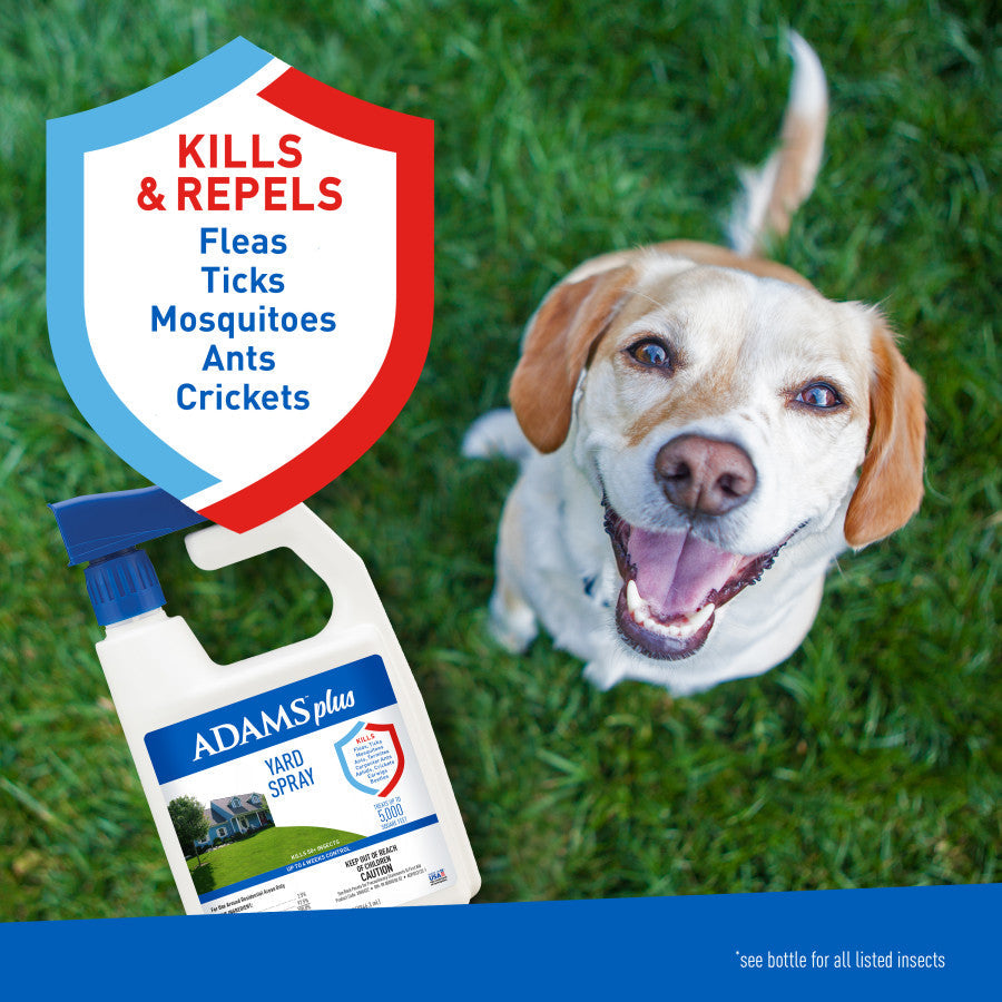 Adams Plus Yard Spray bottle beside dog in grass with kills and repels badge