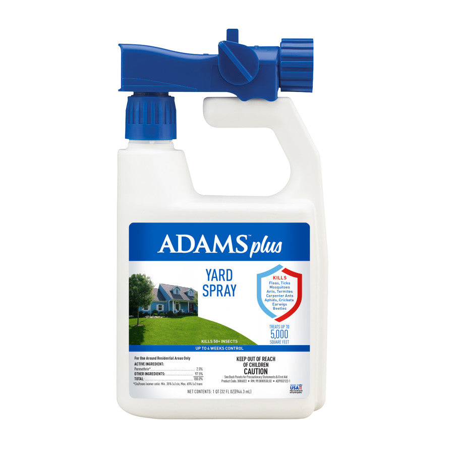 White jug bottle with blue spray nozzle and house and lawn label