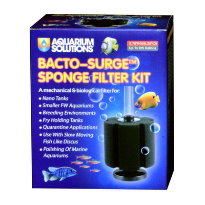 Blue box for Aquarium Solutions Bacto-Surge Sponge Filter Kit, showing a black sponge filter and various fish.