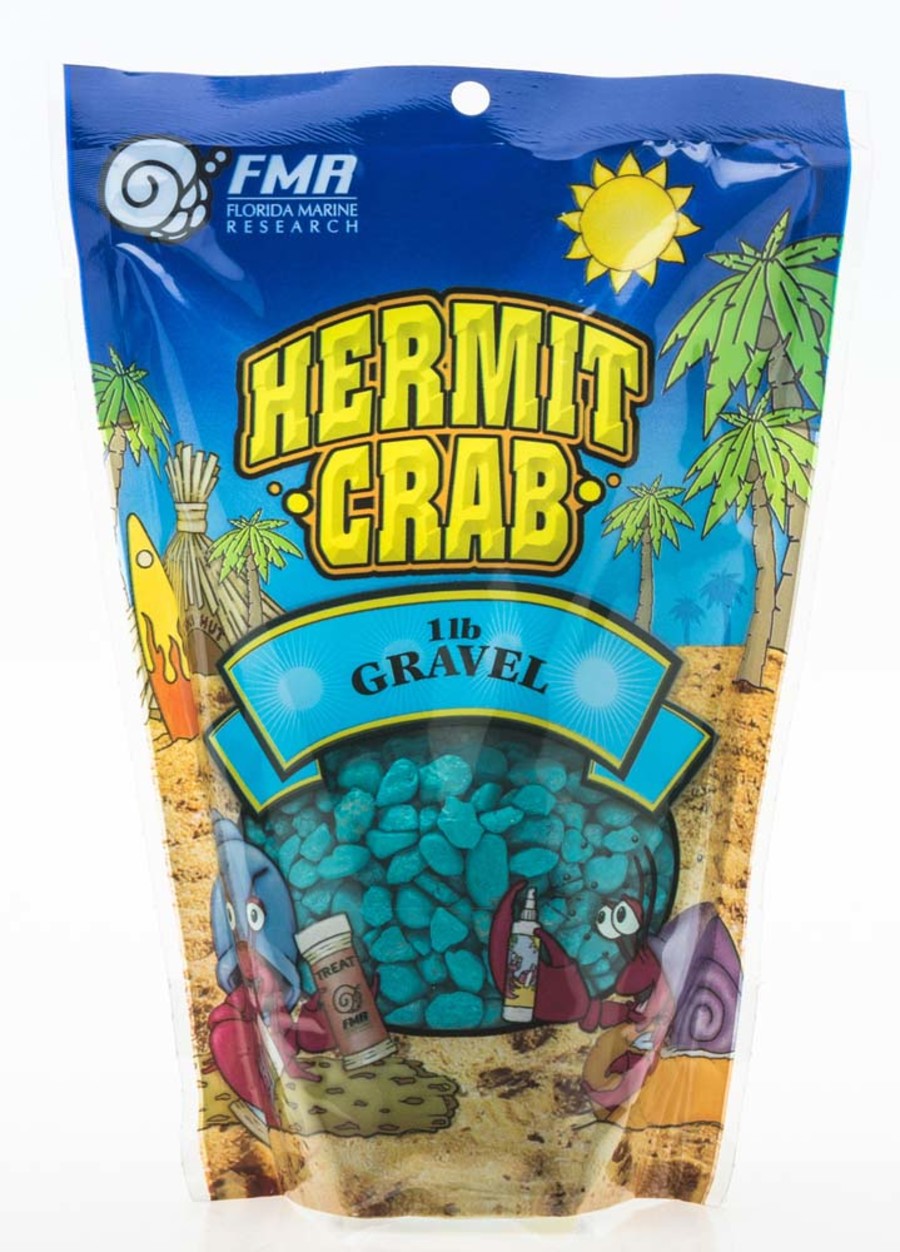 Teal aquarium gravel visible through the window of Hermit Crab Gravel bag