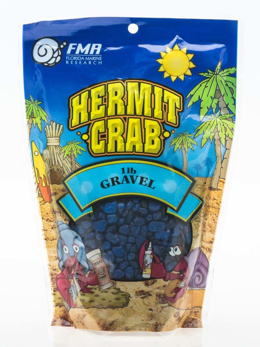 Dark blue aquarium gravel visible through the window of Hermit Crab Gravel bag
