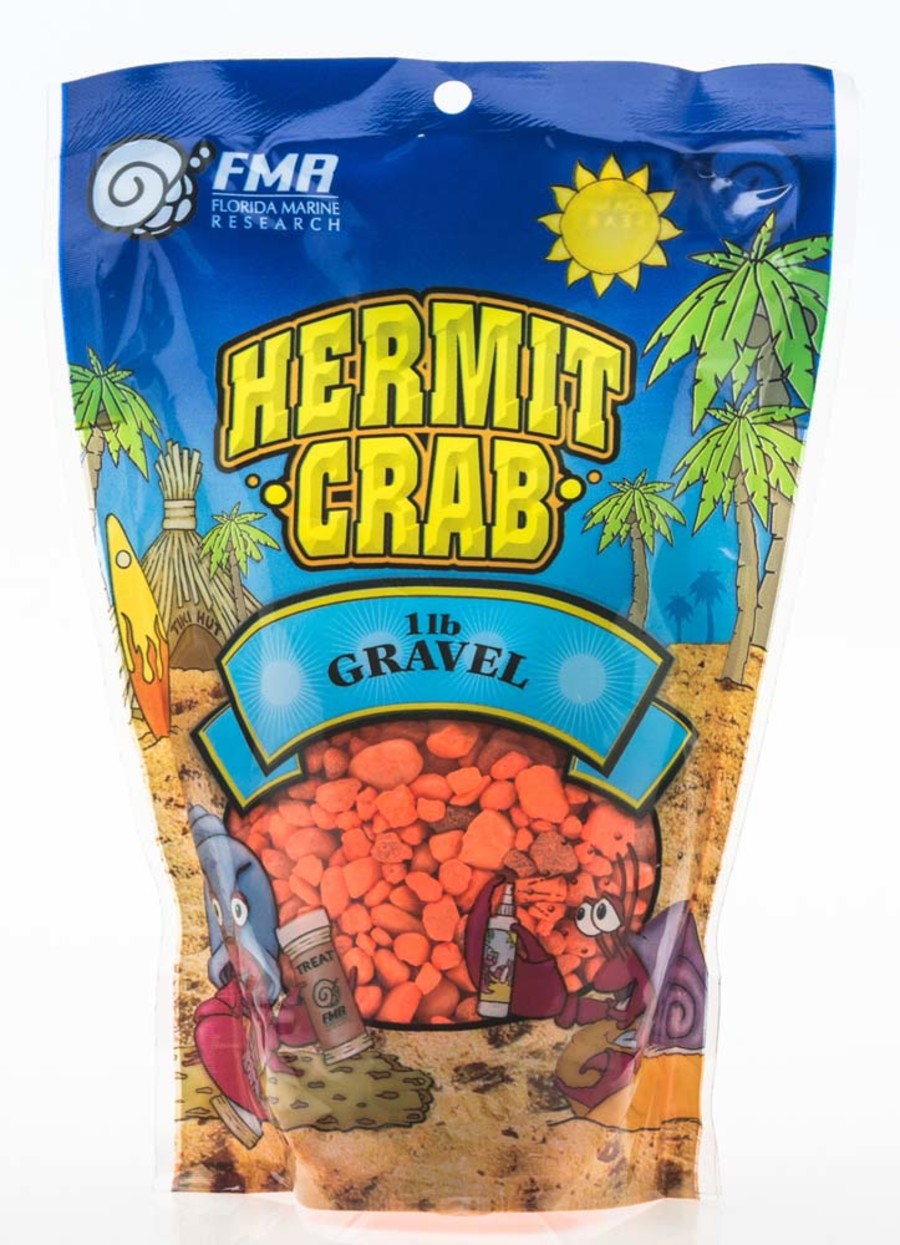 Orange aquarium gravel visible through the window of Hermit Crab Gravel bag