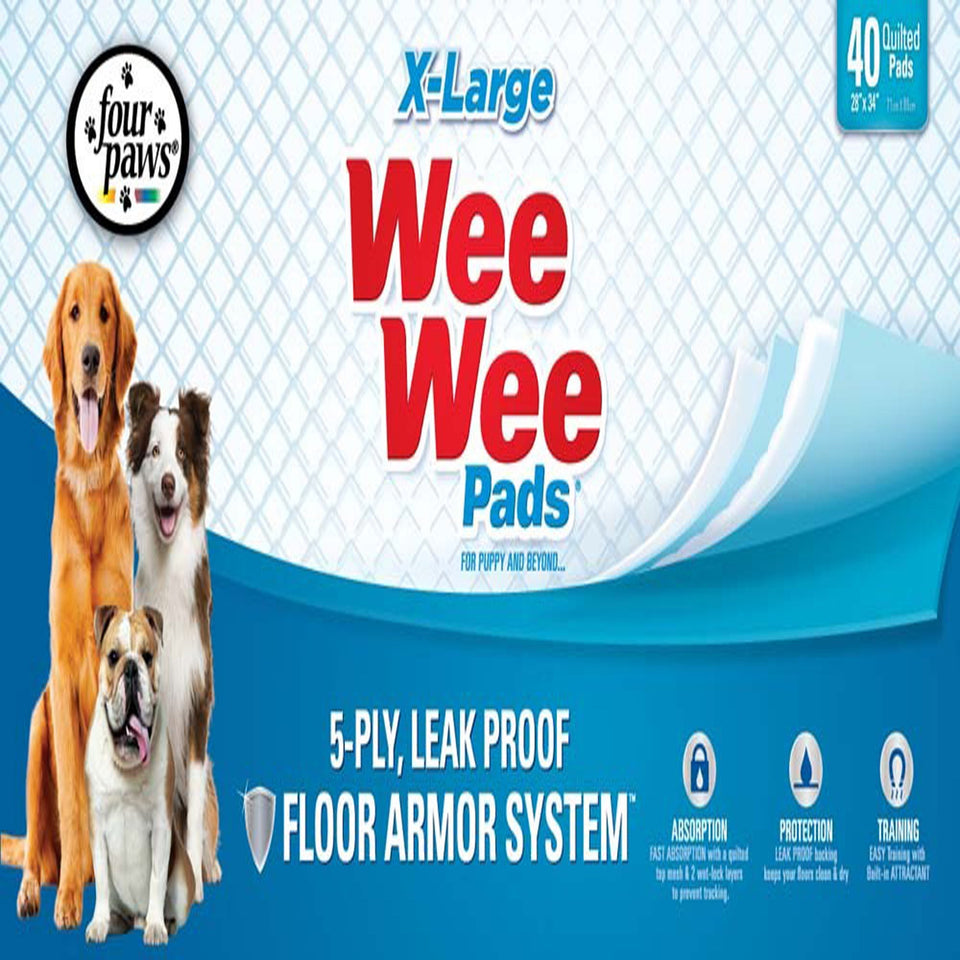 Four Paws WeeWee Superior Performance Gigantic Dog Pee Pads with Runoff Edge Guard 28 in x 34 in 40 ct