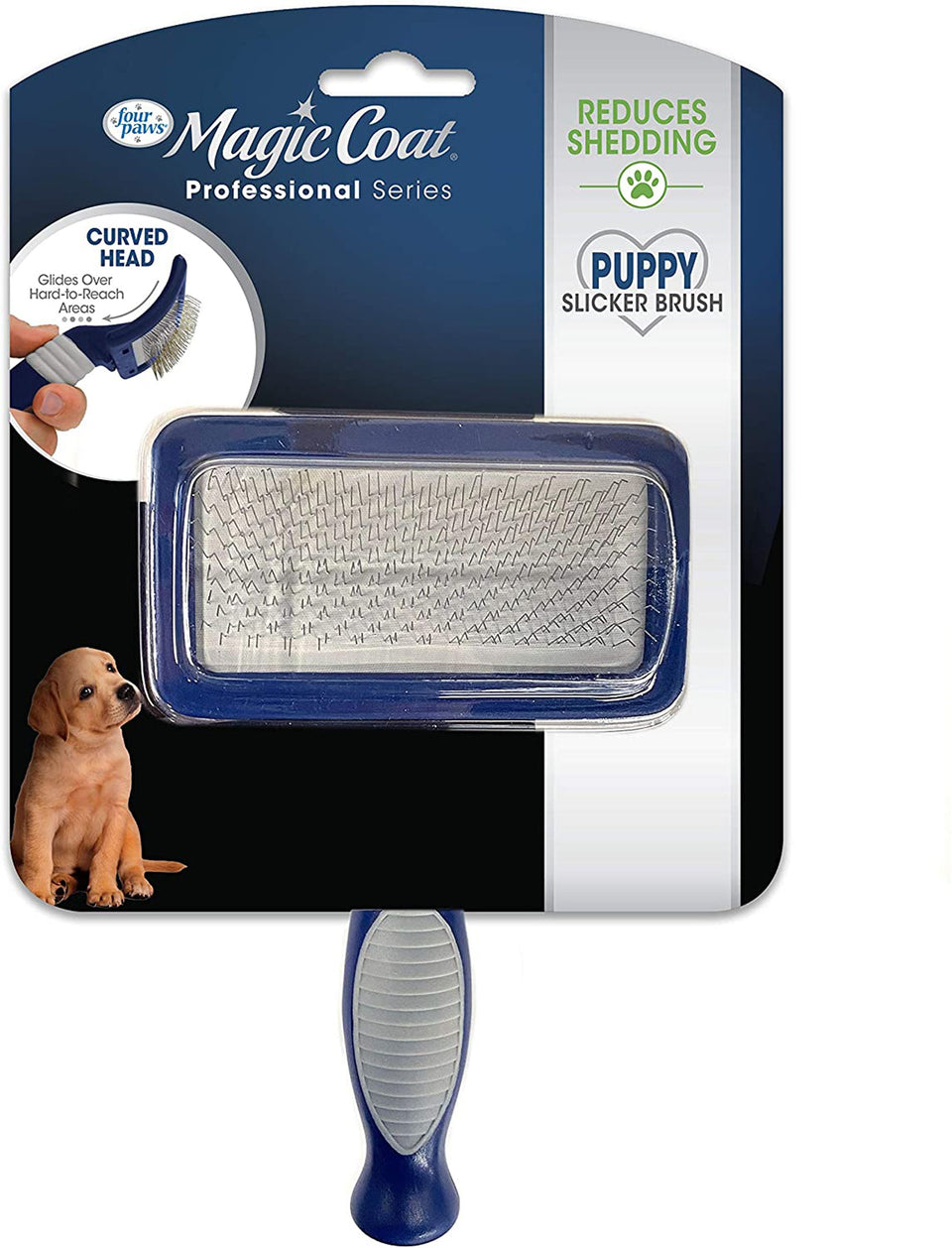 Packaged rectangular puppy slicker brush with Lab puppy photo and curved-head close-up inset