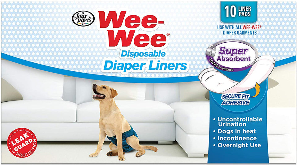 Labrador sitting in a diaper garment beside the absorbent liner pad diagram