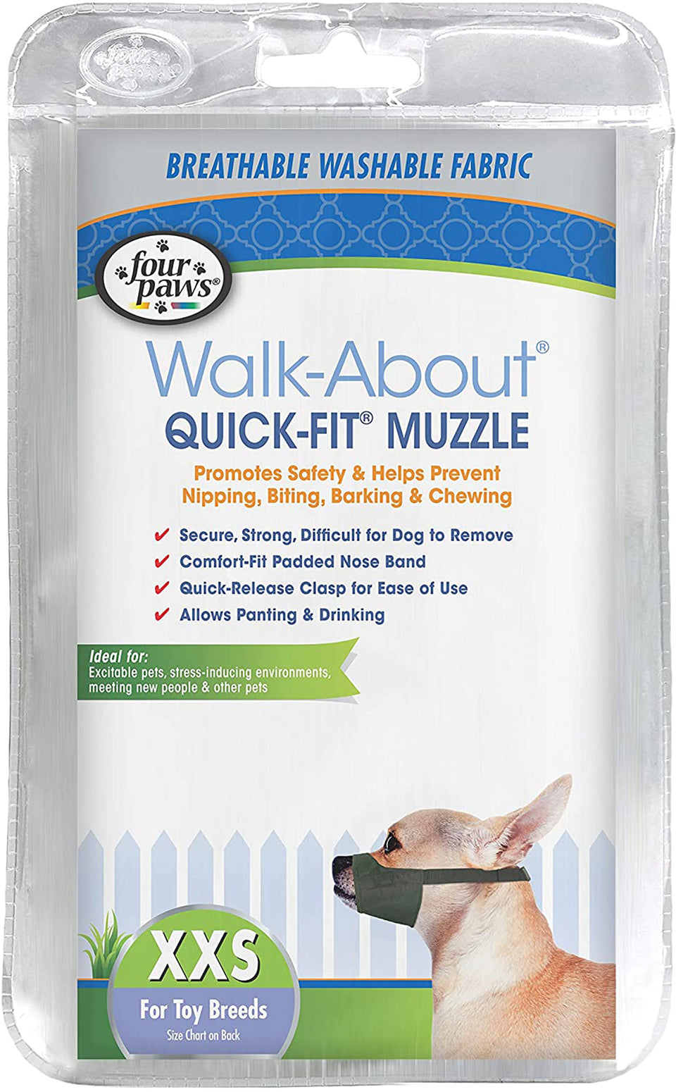Quick-Fit muzzle package shows XXS size fitted on a small tan dog