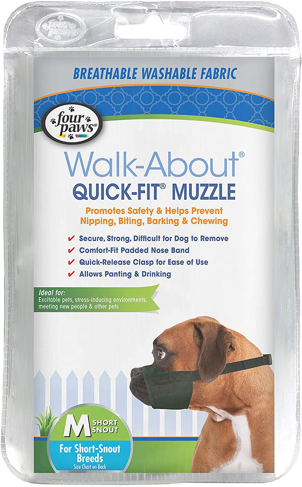 Quick-Fit muzzle package shows medium short-snout size fitted on a boxer
