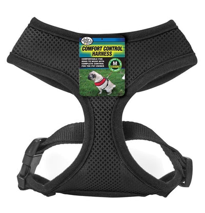 Black mesh Comfort Control harness with hang tag showing Medium size badge