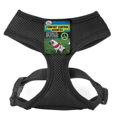 Black mesh dog harness with a product tag showing a pug wearing a red harness on green grass.